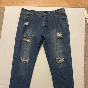 Women's Straight Leg Ripped Jeans Med Wash 2XL zipper detail on the leg